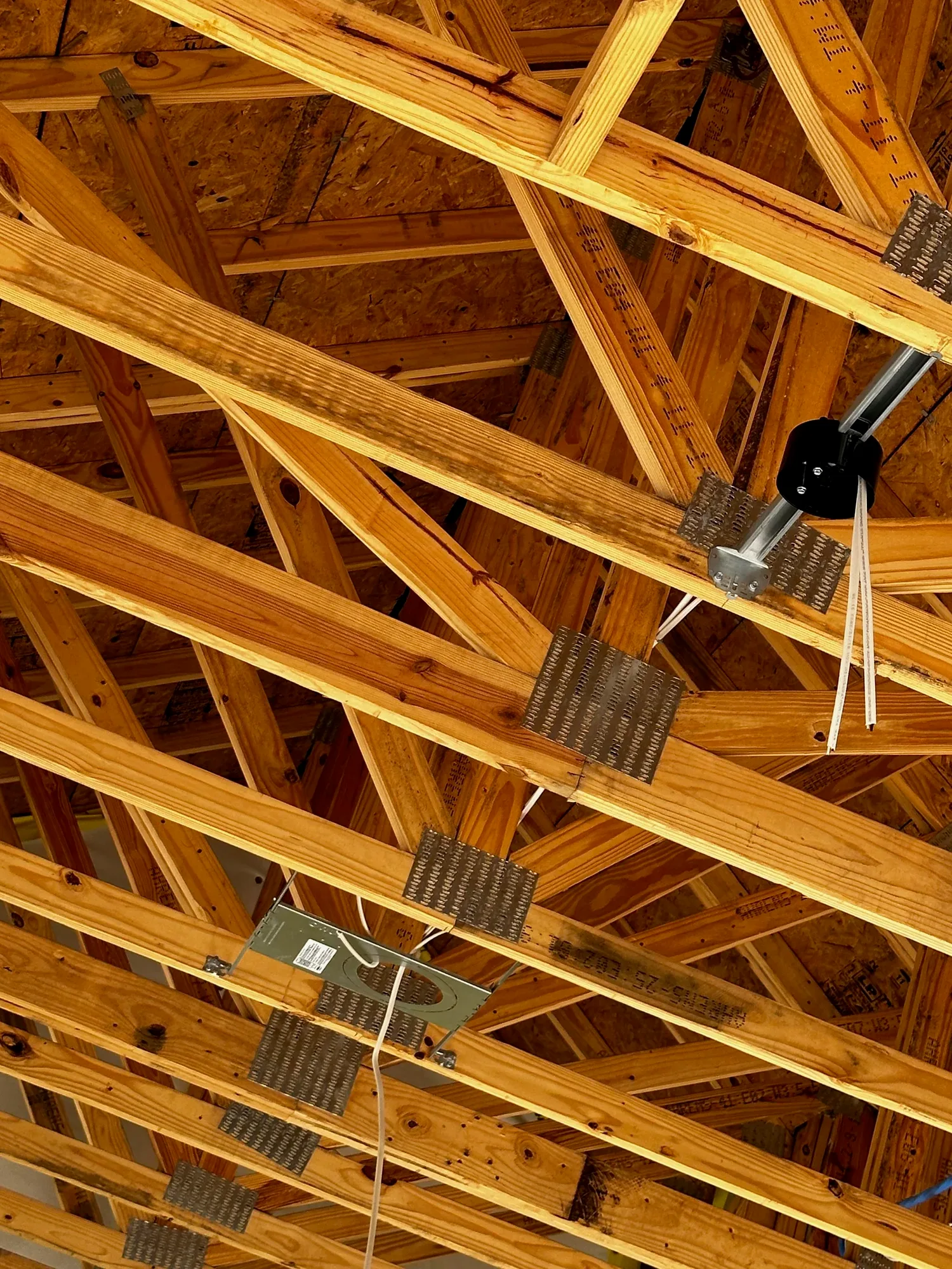 Engineered roof trusswork with metal gusset plates on a Hale Development structural build